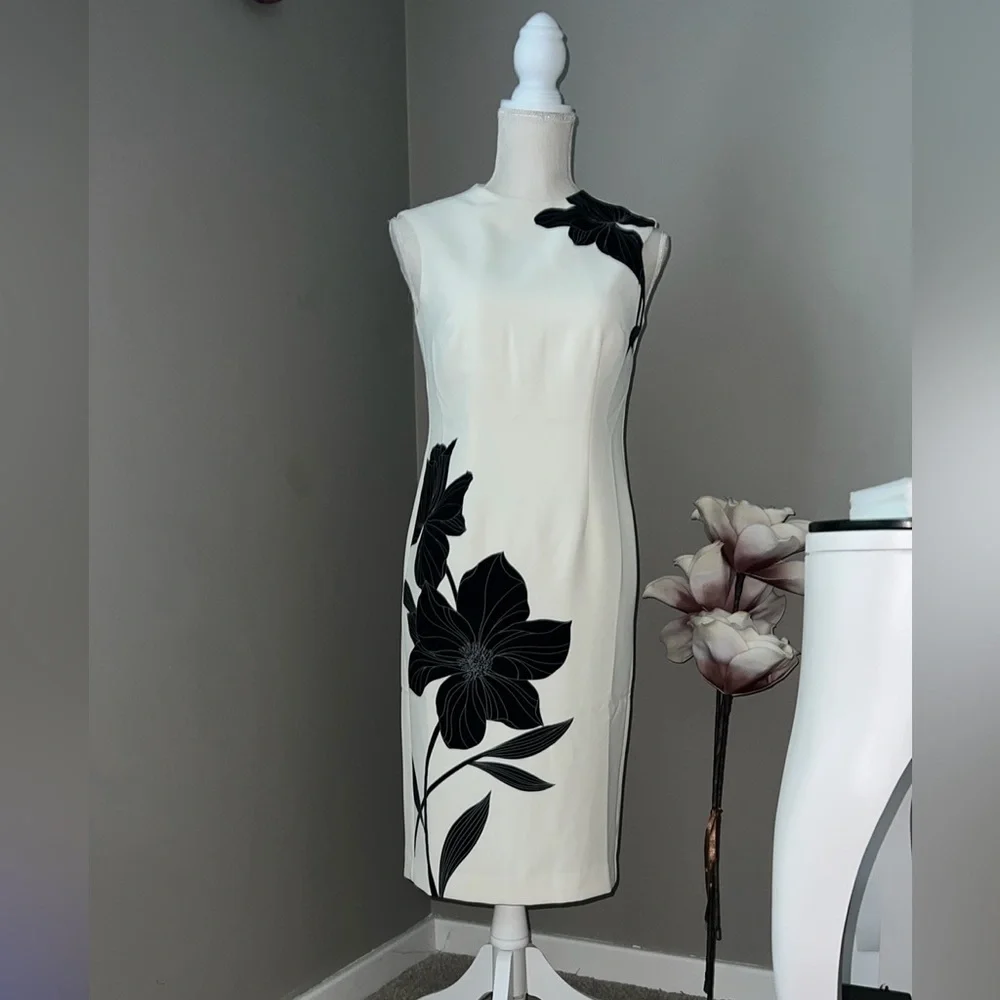 NWT ✨Ann Taylor White Midi Dress with Black Floral Motif Size 00 Petite - Picture 7 of 7